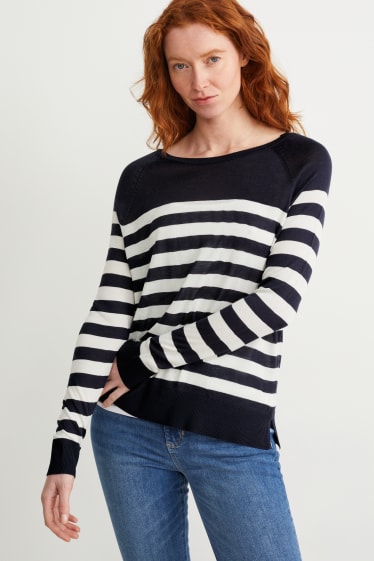 Women - Basic jumper - striped - dark blue / creme white