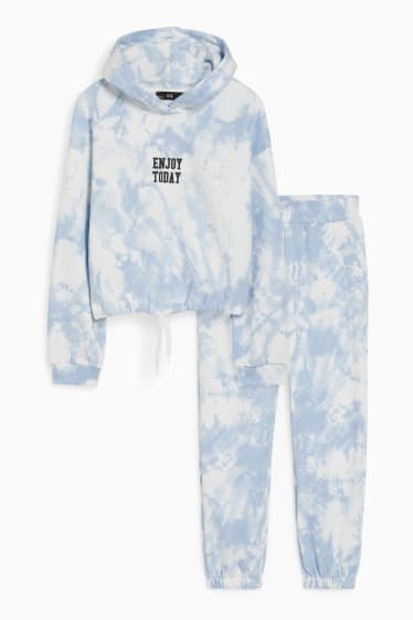 Enfants filles - Ensemble - sweat à capuche et pantalon de jogging - deux pièces - blanc / bleu clair
