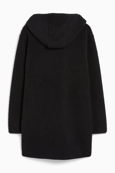 Women - Teddy fur jacket with hood - black