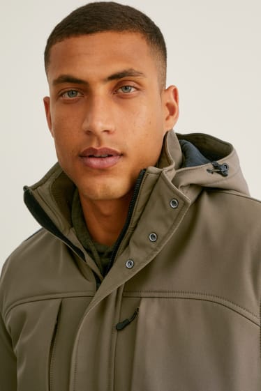 Men - Softshell jacket with hood - water-repellent - khaki