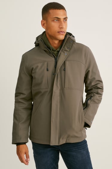 Men - Softshell jacket with hood - water-repellent - khaki