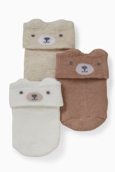 Bébés - Lot de 3 paires - oursons - chaussettes pour nouveau-né à motif - blanc crème