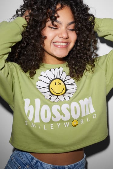 Women - CLOCKHOUSE - cropped sweatshirt - SmileyWorld® - light green