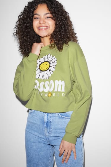 Women - CLOCKHOUSE - cropped sweatshirt - SmileyWorld® - light green