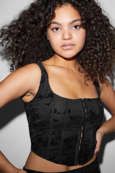 Dames - CLOCKHOUSE - crop top - gebloemd - zwart
