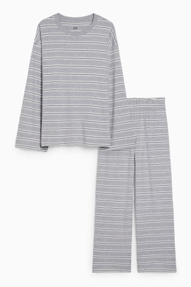 Damen - Pyjama - gestreift - hellgrau
