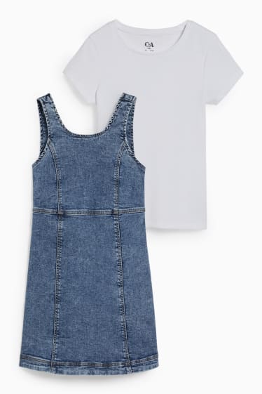 Dětské - Souprava - džínové šaty a tričko s krátkým rukávem - 2dílná - džíny - modré