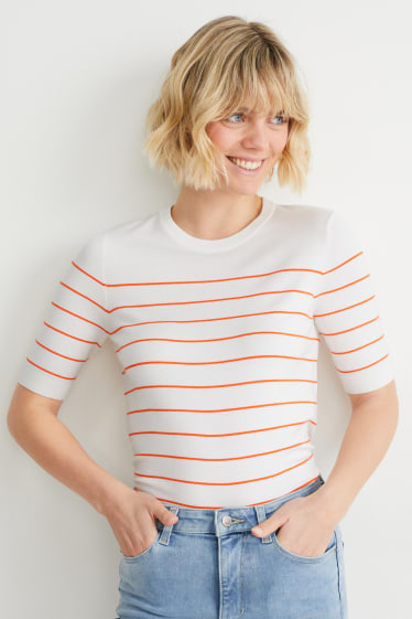 Women - Basic jumper - striped - orange / cremewhite