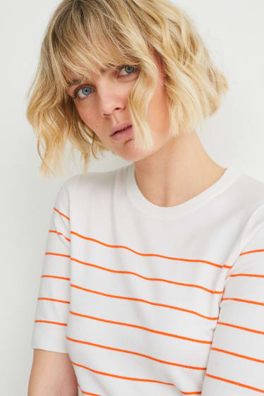 Femei - Pulover basic - cu dungi - portocaliu / alb-crem
