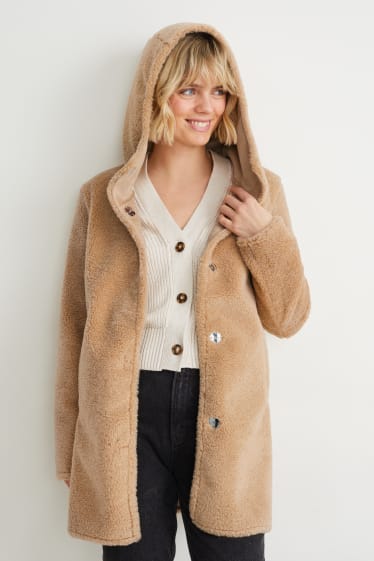 Women - Faux fur coat with hood - light brown