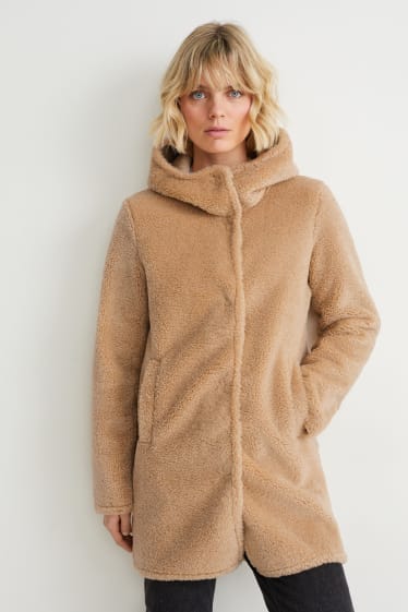 Women - Faux fur coat with hood - light brown