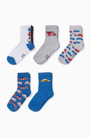 Enfants - Lot de 5 paires - Autos - chaussettes à motif - bleu foncé