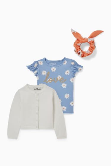 Kinder Mädchen - Set - Strickjacke, Kurzarmshirt und Scrunchie - 3 teilig - weiss