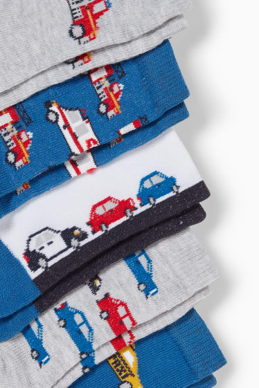 Enfants - Lot de 5 paires - Autos - chaussettes à motif - bleu foncé