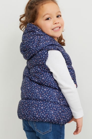 Dětské - Prošívaná vesta s kapucí - puntíkovaná - tmavomodrá