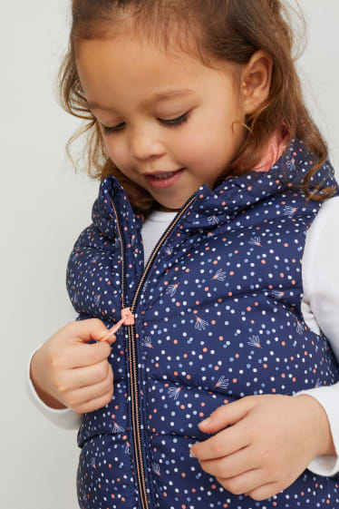 Dětské - Prošívaná vesta s kapucí - puntíkovaná - tmavomodrá