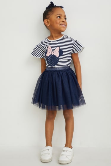 Enfants - Minnie Mouse - ensemble - haut à manches courtes, jupe et chouchou - bleu foncé / blanc