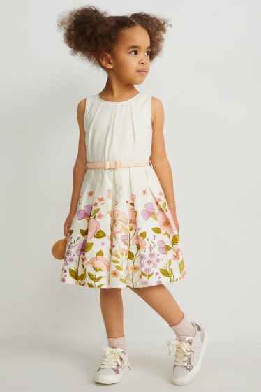 Dzieci - Sukienka z paskiem - uroczysta - w kwiaty - kremowobiały