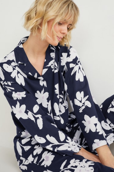 Damen - Pyjama - geblümt - dunkelblau