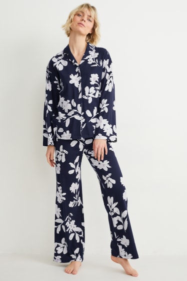 Femmes - Pyjama - à fleurs - bleu foncé