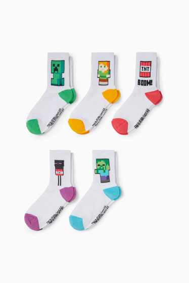 Enfants - Lot de 5 paires - Minecraft - chaussettes à motif - blanc