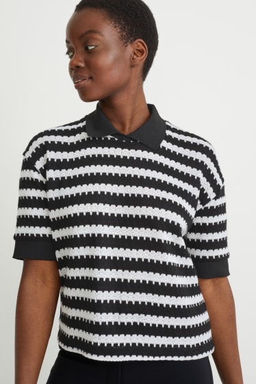 Damen - Poloshirt - gestreift - schwarz / weiß