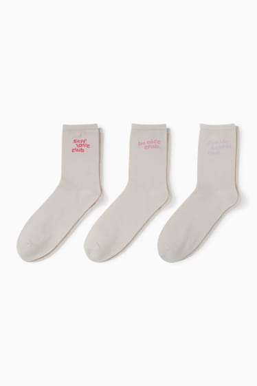 Femmes - Lot de 3 - chaussettes à motif - inscription - beige