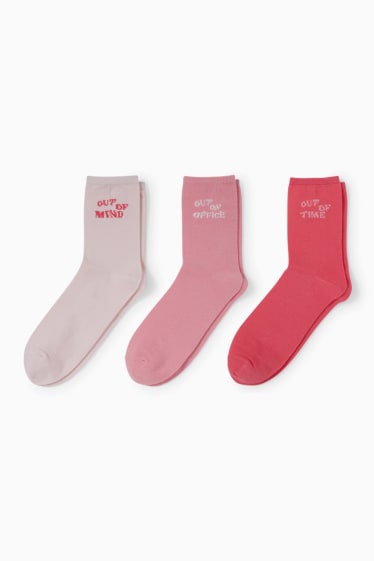 Damen - Multipack 3er - Socken mit Motiv - Schriftzug - rosa