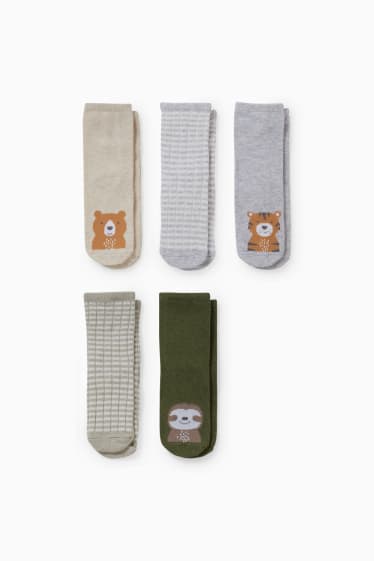 Babys - Set van 5 paar - dieren - sokken met motief - groen / beige
