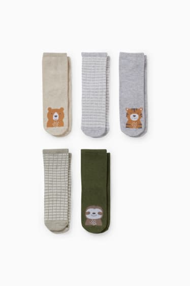 Bébés - Lot de 5 paires - animaux - chaussettes à motif - vert / beige