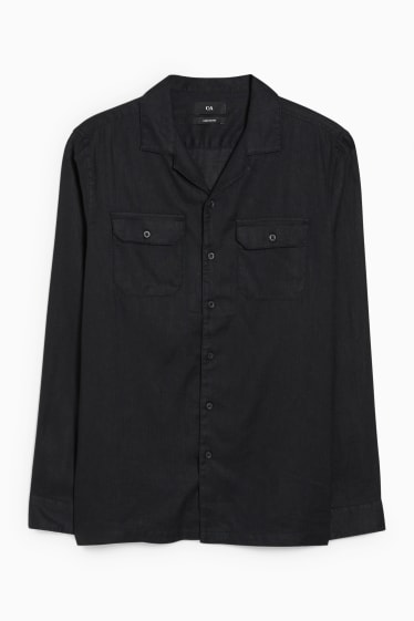 Home - Camisa - regular fit - coll solapa - mescla de lli - negre