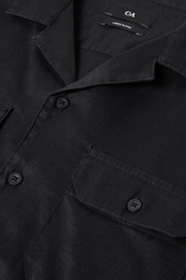 Home - Camisa - regular fit - coll solapa - mescla de lli - negre