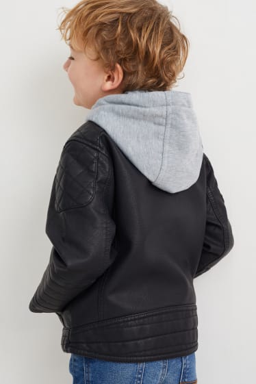 Kinder - Bikerjacke mit Kapuze - Lederimitat - schwarz