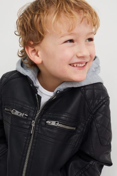 Kinder - Bikerjacke mit Kapuze - Lederimitat - schwarz