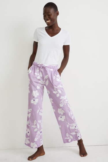 Dámské - Pyžamové kalhoty - s květinovým vzorem - světle fialová