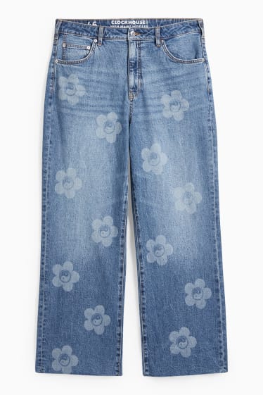 Nastolatki - CLOCKHOUSE - dżinsy z szerokimi nogawkami - wysoki stan - w kwiatki - dżins-niebieski