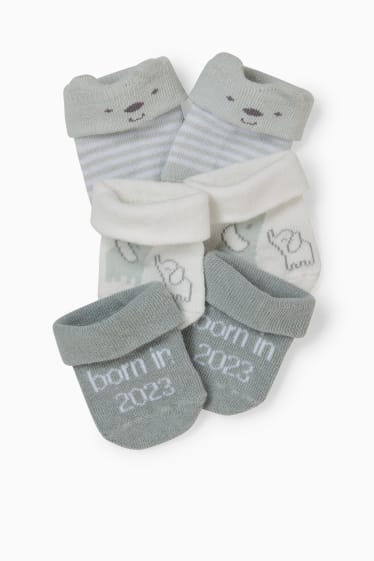 Babys - Set van 3 paar - dieren - newbornsokken met motief - wit / groen