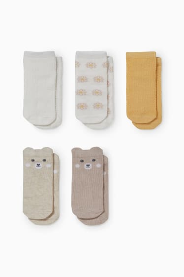 Babies - Multipack of 5 - teddy bear - baby socks with motif - white / beige