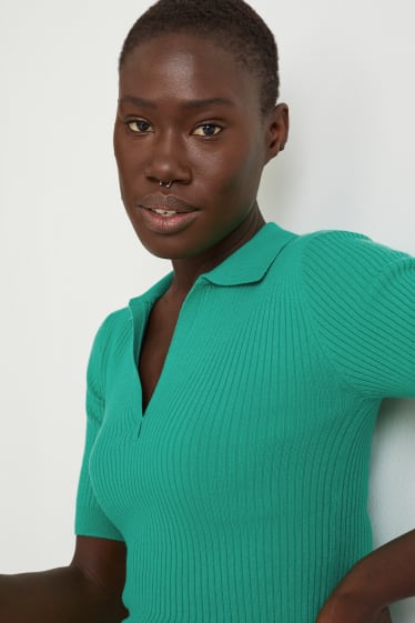 Damen - Basic-Strick-Poloshirt - grün
