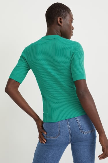 Damen - Basic-Strick-Poloshirt - grün