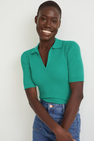 Damen - Basic-Strick-Poloshirt - grün