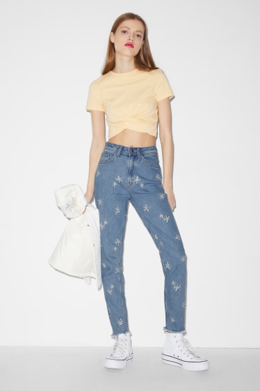 Dámské - CLOCKHOUSE - slim jeans - high waist - s květinovým vzorem - džíny - světle modré