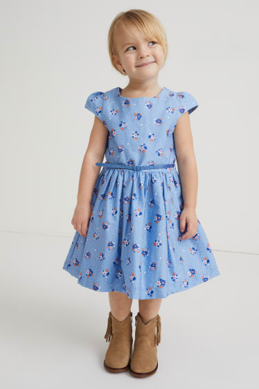Kinder - Kleid mit Gürtel - geblümt - hellblau
