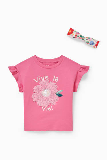 Enfants filles - Ensemble - T-shirt et bandeau cheveux - 2 pièces - à fleurs - rose