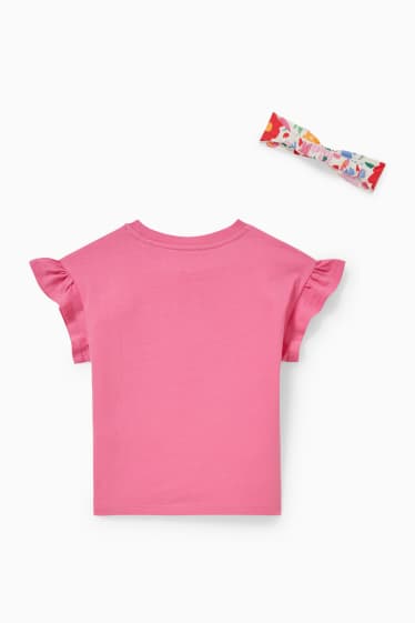 Enfants filles - Ensemble - T-shirt et bandeau cheveux - 2 pièces - à fleurs - rose