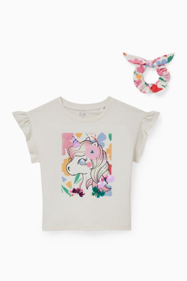 Copii - Fete - Unicorn - set - tricou cu mânecă scurtă și elastic de păr - 2 piese - alb-crem