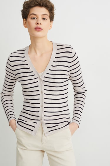 Women - Basic cardigan - striped - beige