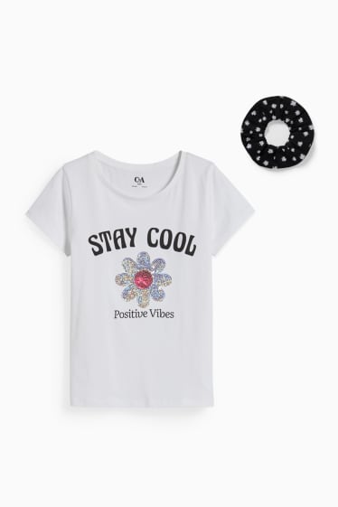 Dzieci - Zestaw - koszulka z krótkim rękawem i gumka do włosów owijka - biały