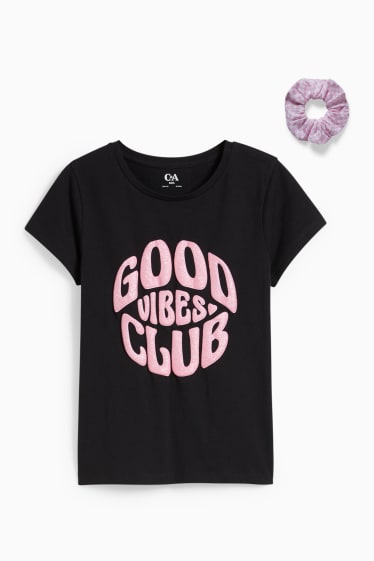 Kinder Mädchen - Set - Kurzarmshirt und Scrunchie - schwarz