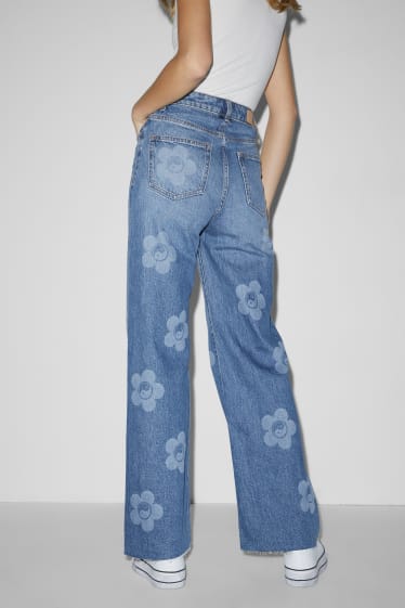 Dona - CLOCKHOUSE - wide leg jeans - high waist - flors - texà blau